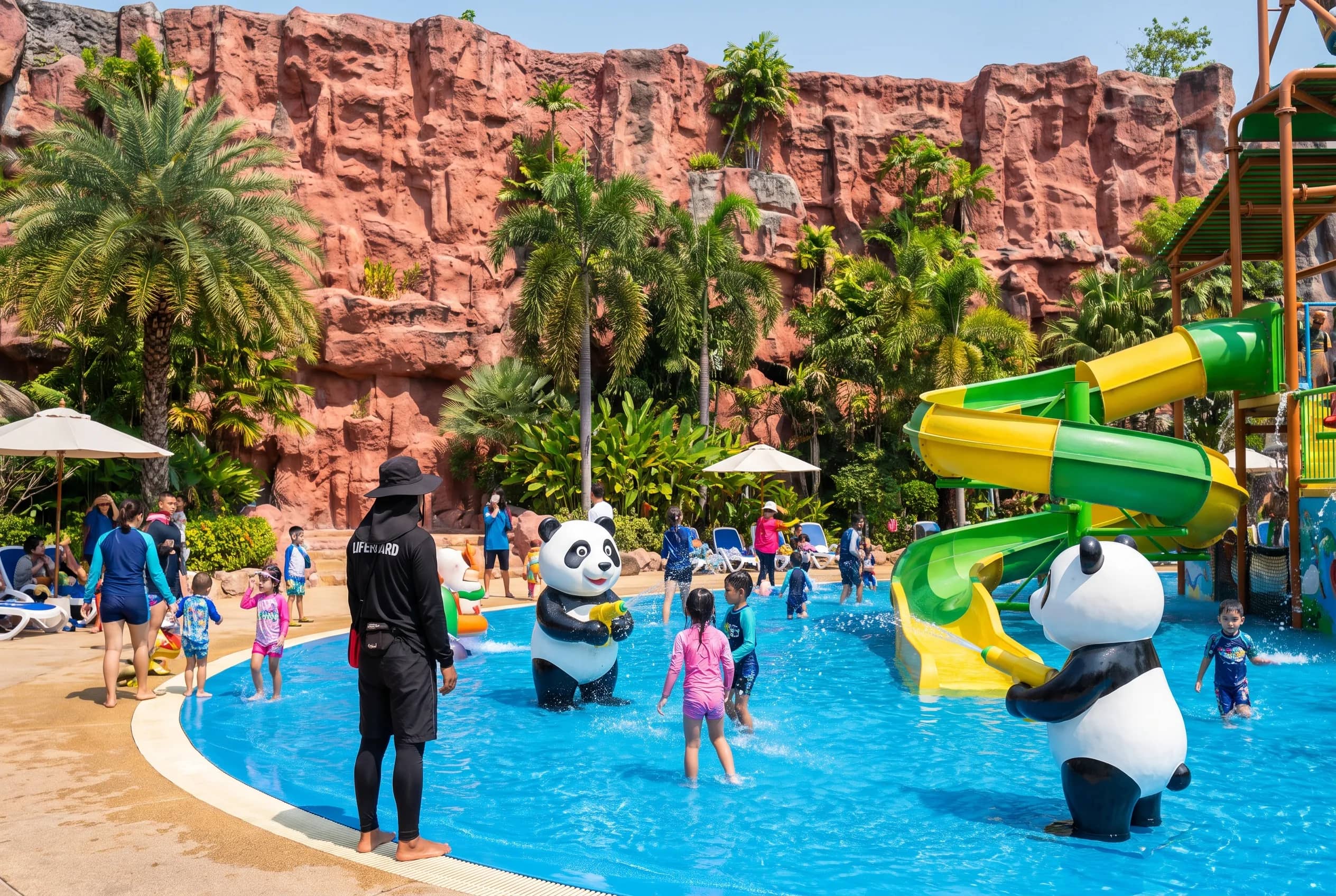 A lifeguard watches over a kids splash pool with panda figures and slides below red canyon walls