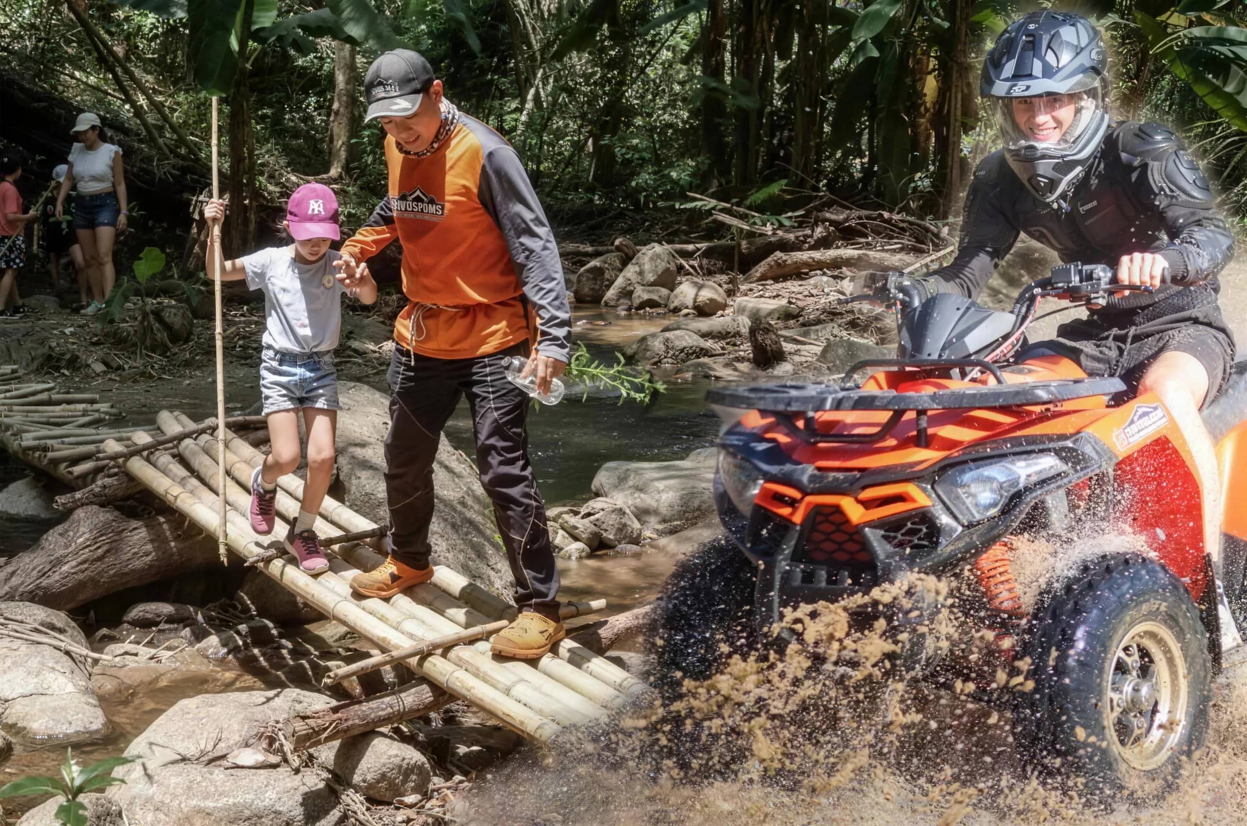 Combined image of a guide helping a child across a bamboo bridge and a rider on an orange ATV