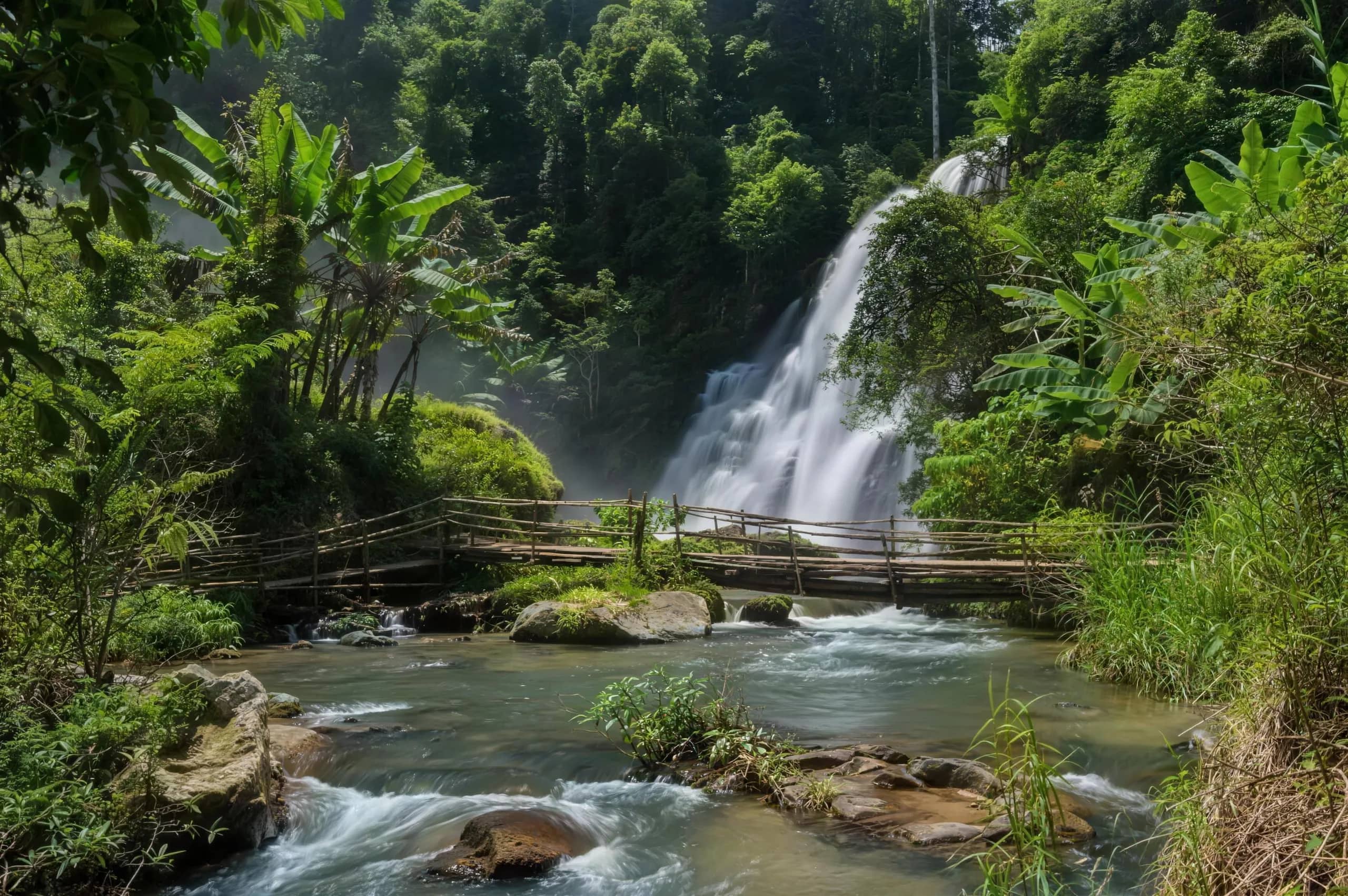 A tall waterfall pours into a rocky stream with a wooden bridge in the lush forest
