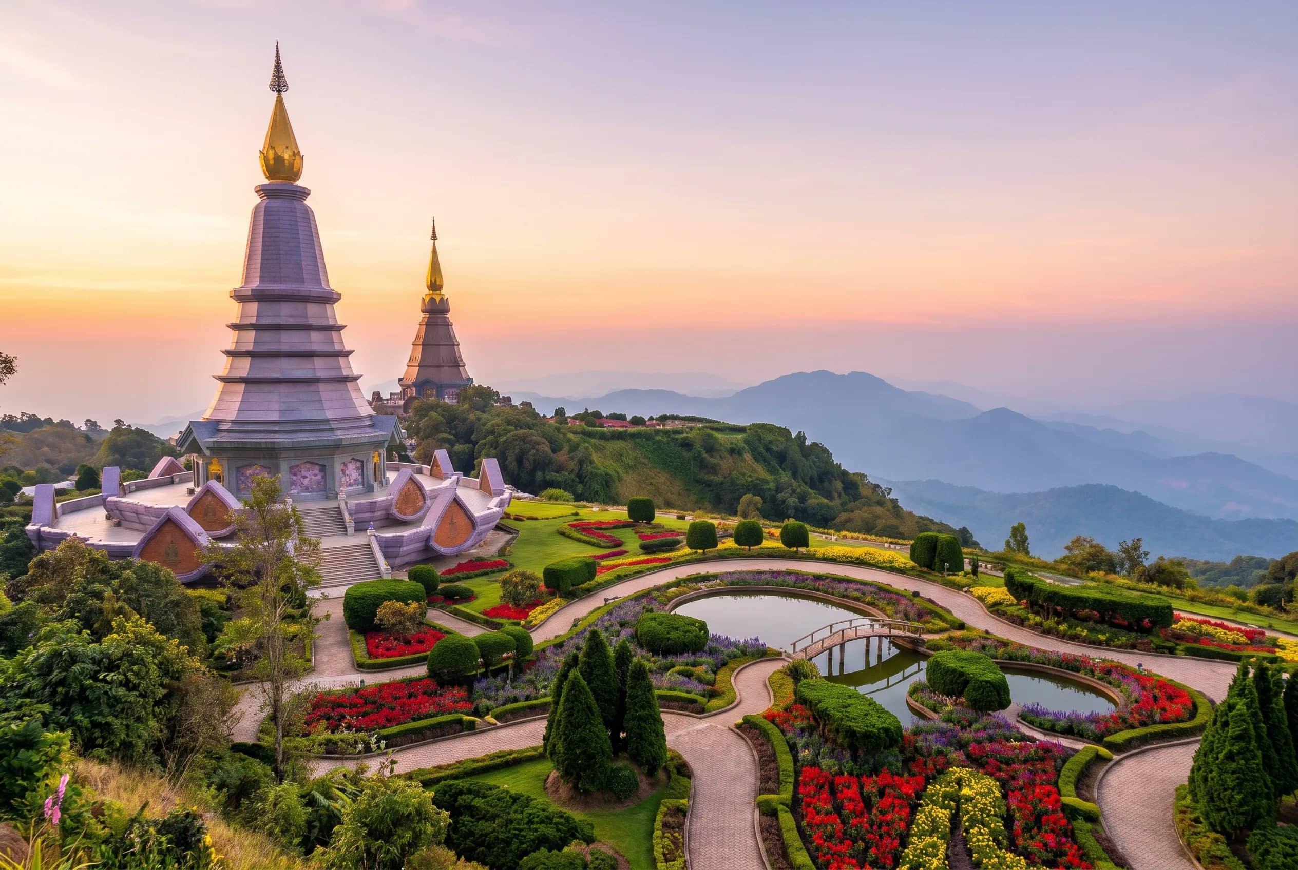 The twin royal pagodas on Doi Inthanon rise above flower gardens with blue mountains at sunset