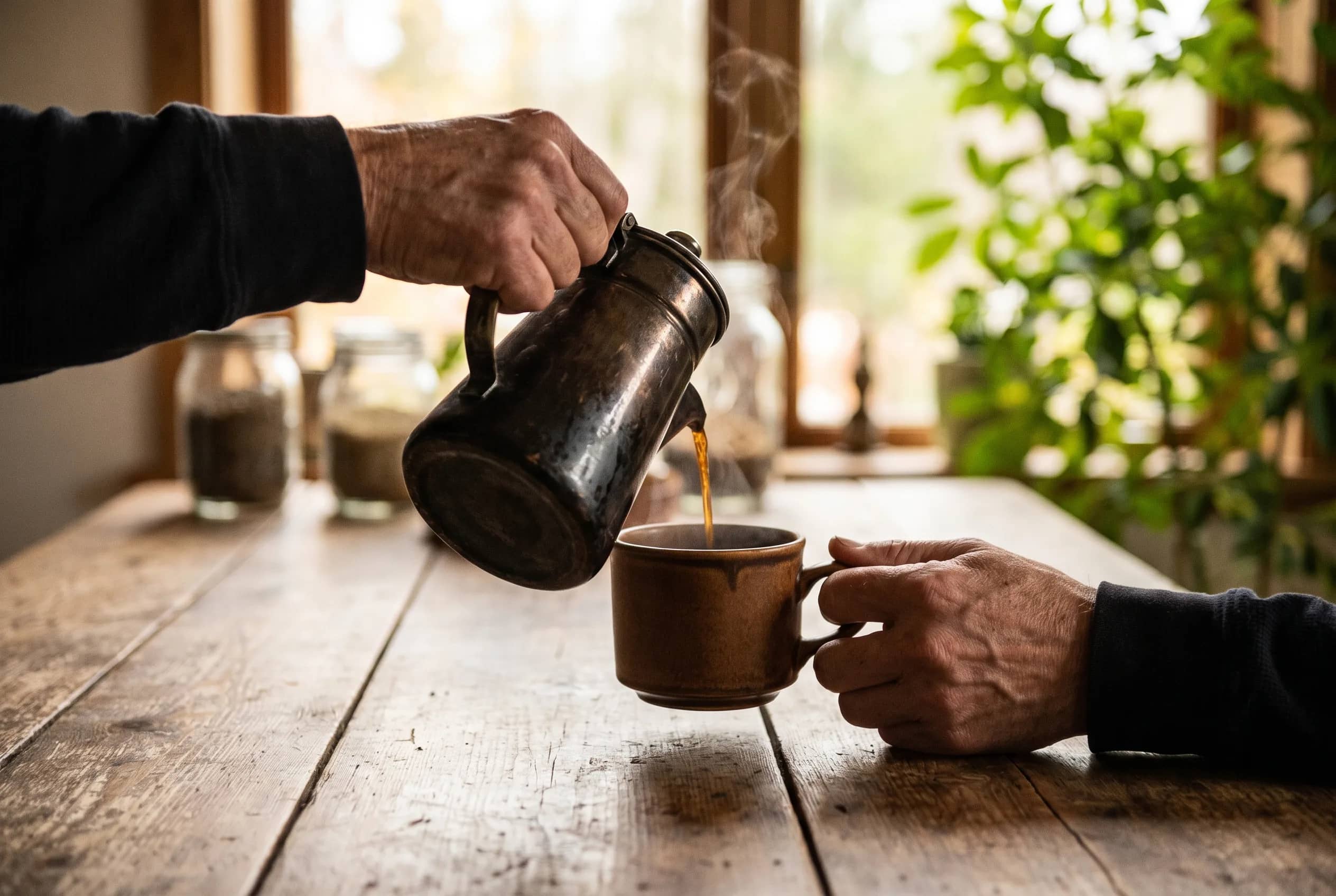 A hand pours fresh black coffee from a metal pot into a brown ceramic cup on a wooden table
