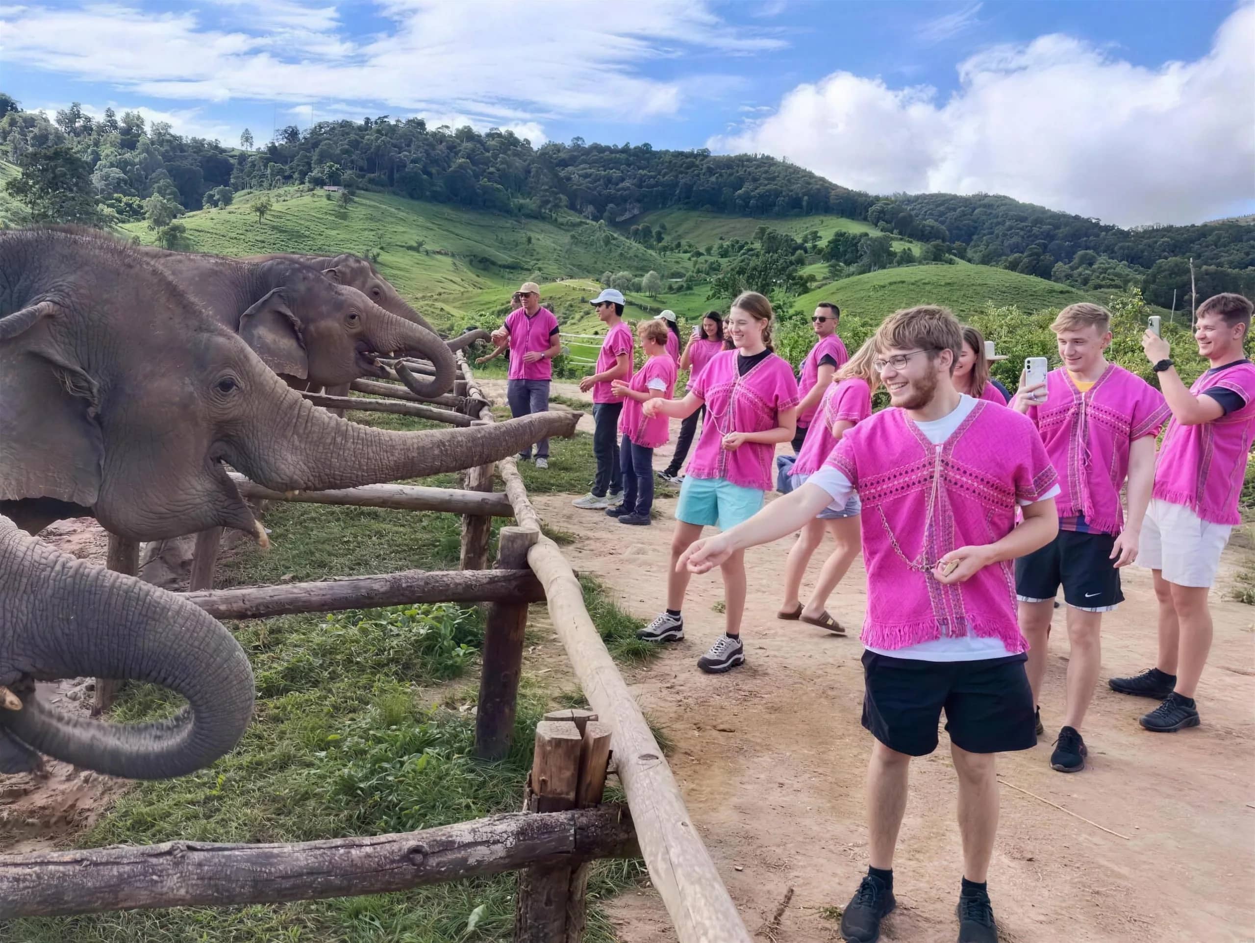 Visitors in pink Karen shirts hand food to elephants reaching over a wooden fence in the hills