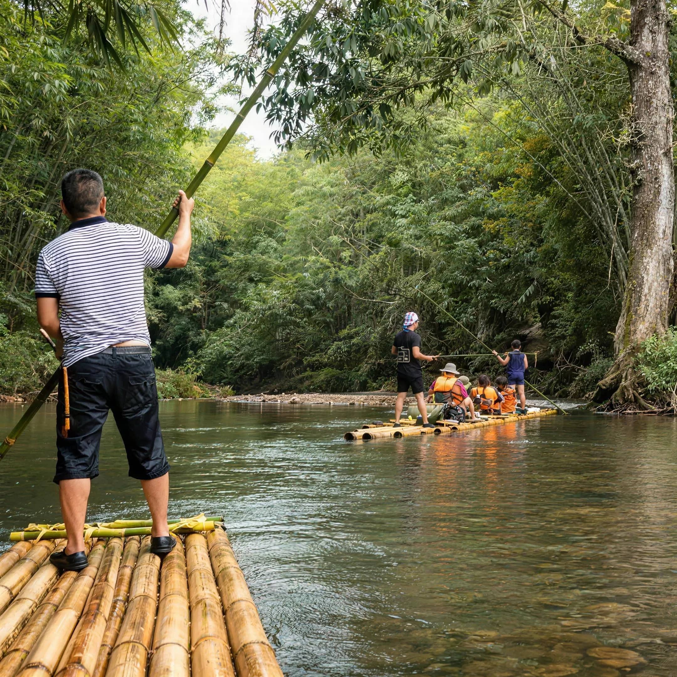 A guide stands on a bamboo raft pushing a long pole, with another raft of guests ahead on the river.