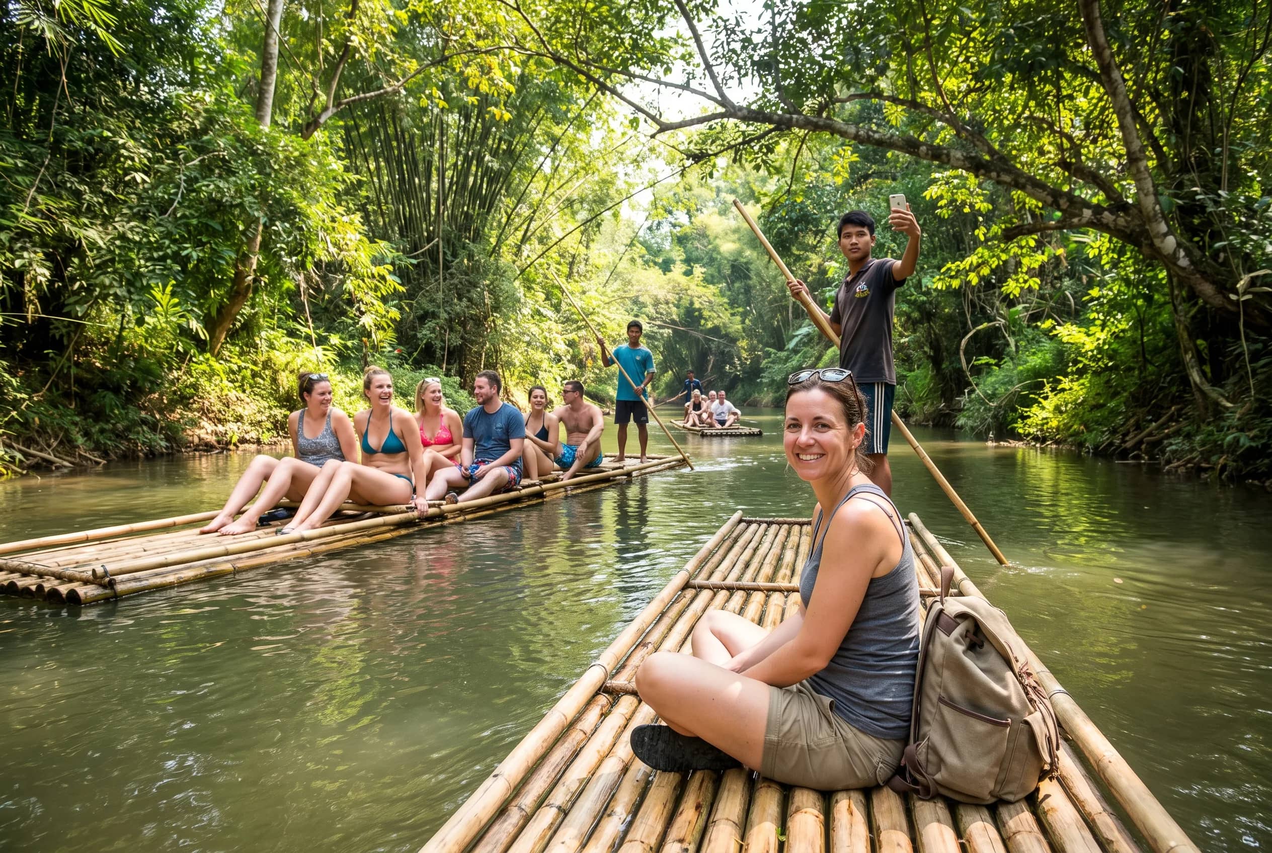 A smiling guest sits on a bamboo raft while other rafts with guests and a poling guide follow behind